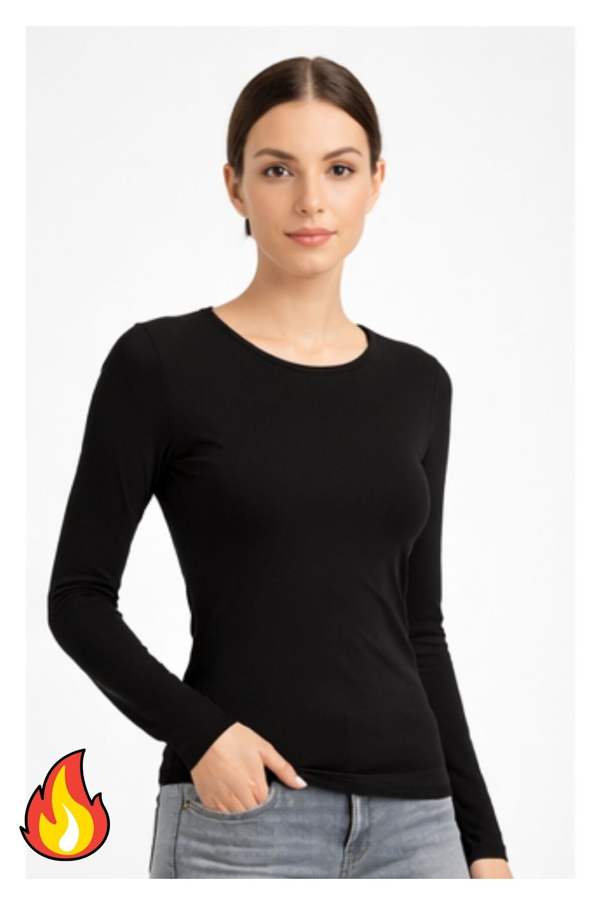 Kadın Siyah Uzun Kollu Şardonlu Termal Bisiklet Yaka Body Esnek Basic Bluz