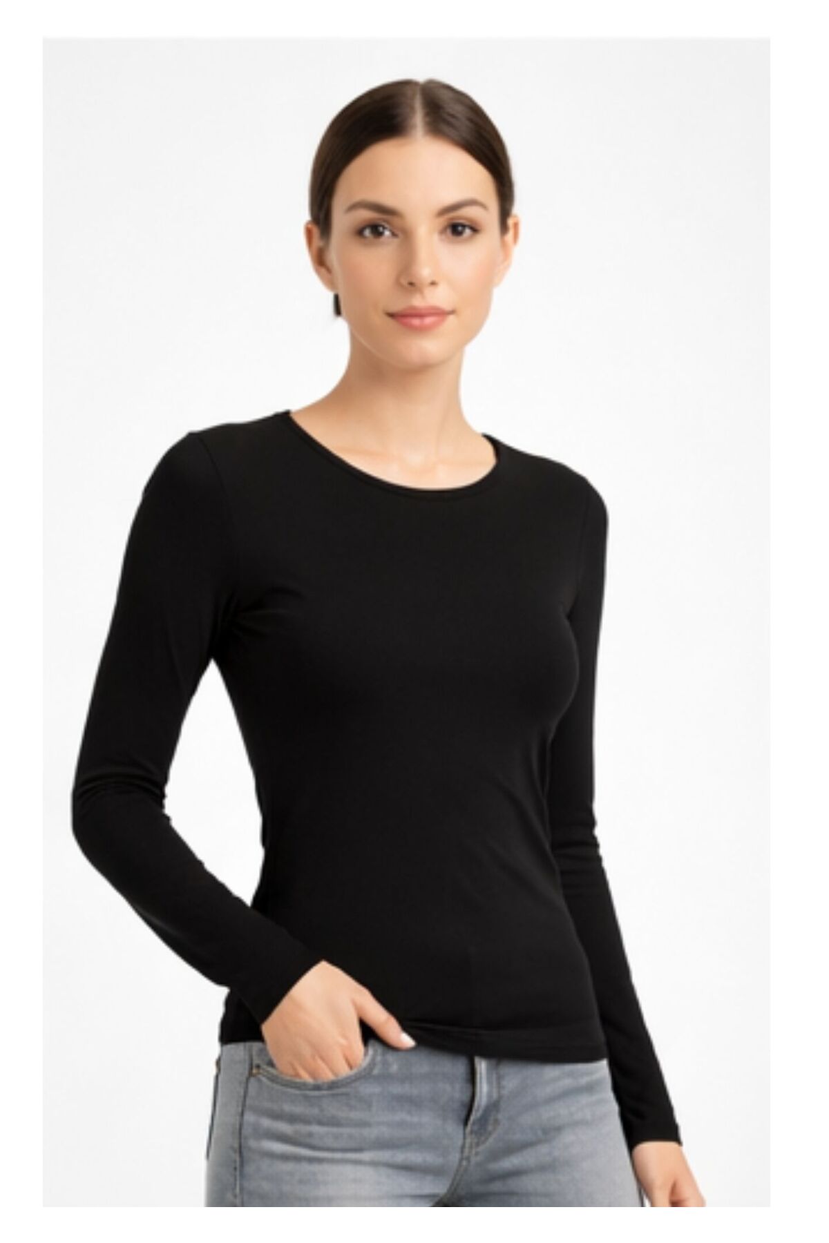 Kadın Siyah Uzun Kollu Şardonlu Termal Bisiklet Yaka Body Esnek Basic Bluz - Görsel 5